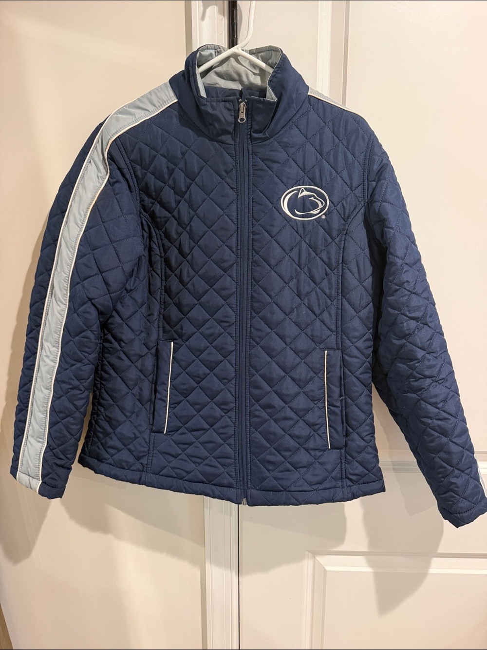 Girls' Navy Quilted Puffer Jacket with Light Gray Stripe